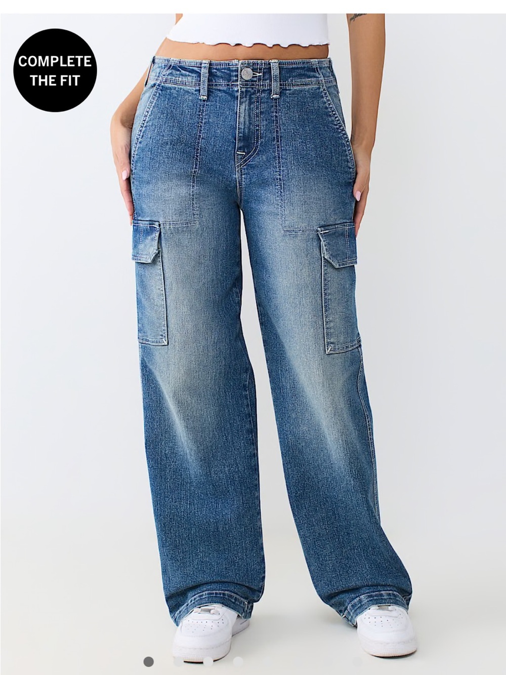 True Religion Blue Wide-Leg Cargo Jeans